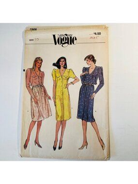 80s Very Easy Vogue 7906 Size 10 V-neck Button Front Shirt Dress or Blouse Uncut